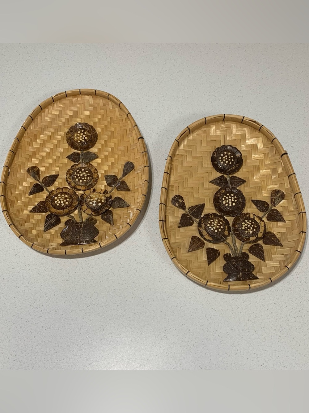 Vintage Coconut Wall Art Hand Carved Flowers Oval 1970s Island Beach Art MCM